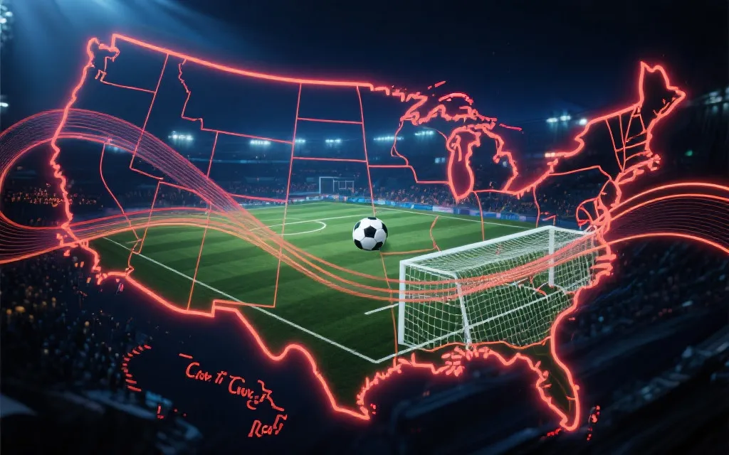 北美世界杯分组主题插画：球场与地图叠加，象征跨城与分组变量